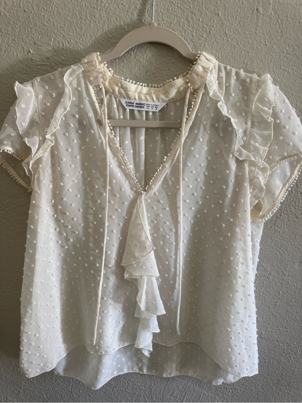 Zara Cream Swiss Dot Ruffle Tie-Front Blouse